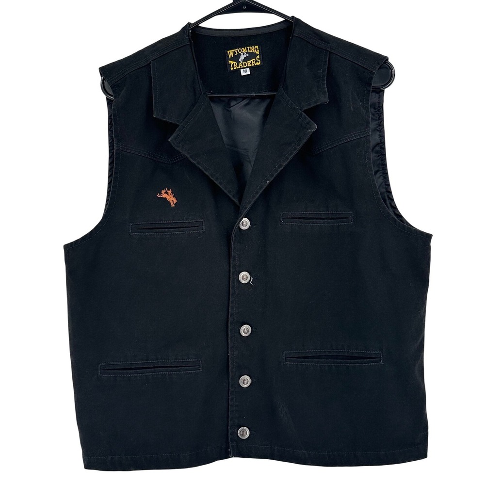Wyoming Traders Mens Black Canvas Western Vest Button Front Bronco Logo M